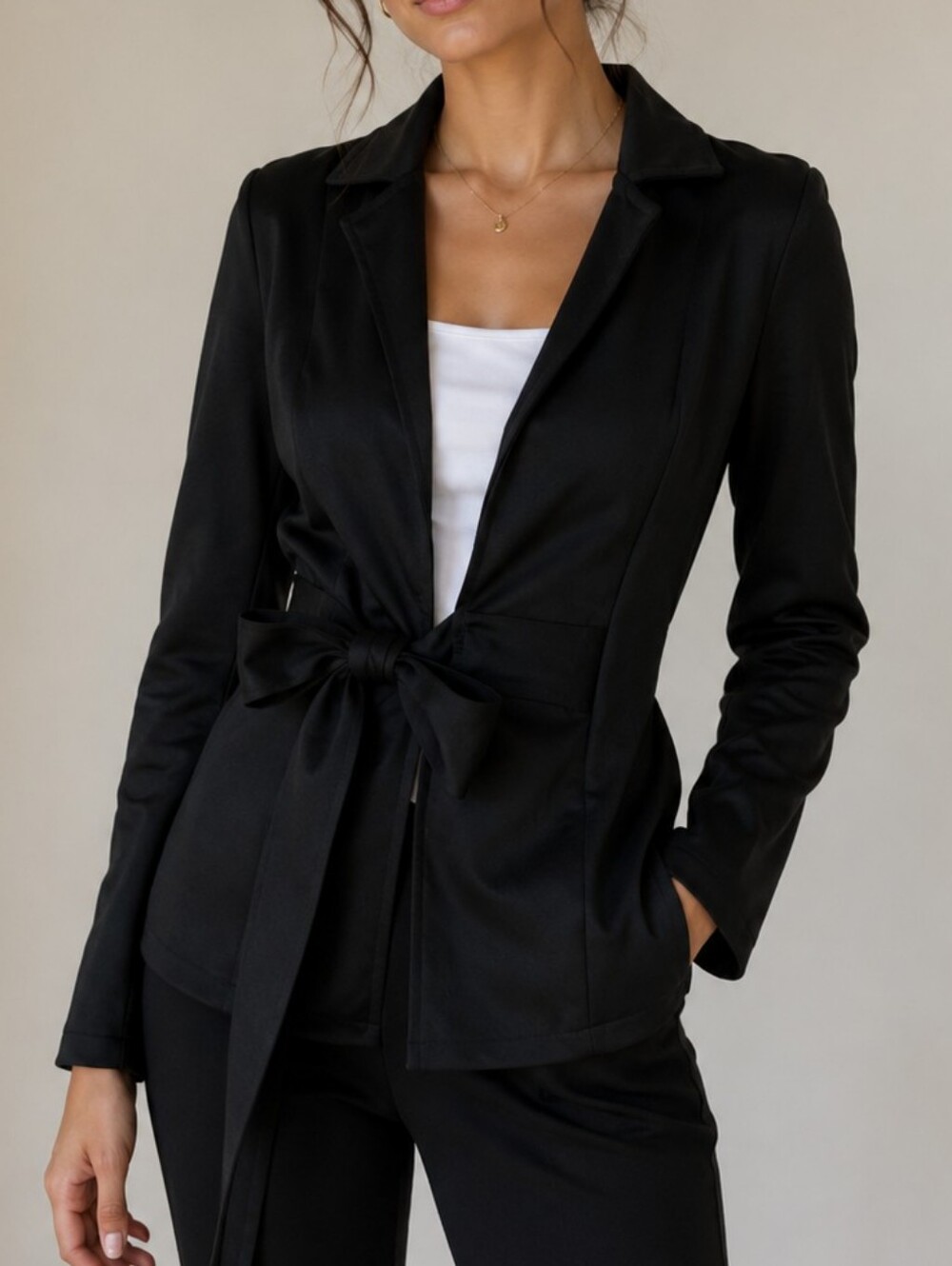 Black Tie-Waist Blazer Jacket for Women - Classic Black